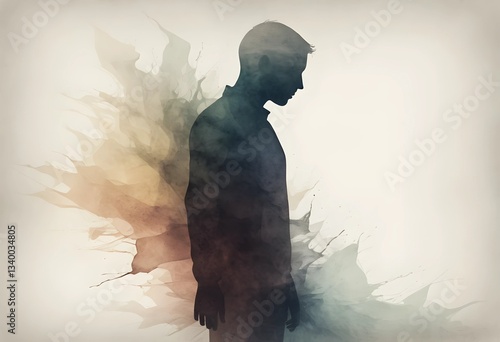 A fading silhouette dissolving into the background, symbolizing emotional exhaustion and losing oneself to stress or depression. A minimalist abstract concept for mental health themes.