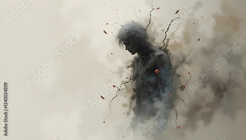 A fading silhouette dissolving into the background, symbolizing emotional exhaustion and losing oneself to stress or depression. A minimalist abstract concept for mental health themes.