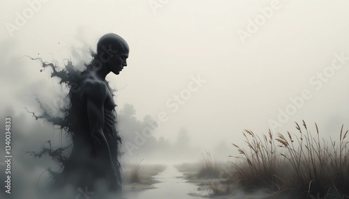 A fading silhouette dissolving into the background, symbolizing emotional exhaustion and losing oneself to stress or depression. A minimalist abstract concept for mental health themes.