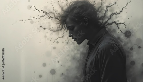 A fading silhouette dissolving into the background, symbolizing emotional exhaustion and losing oneself to stress or depression. A minimalist abstract concept for mental health themes.