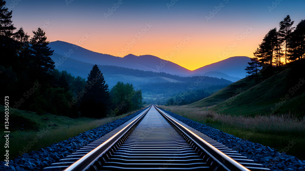 Fototapeta premium Railway Tracks Winding Through Serene Mountain Landscape at Sunset