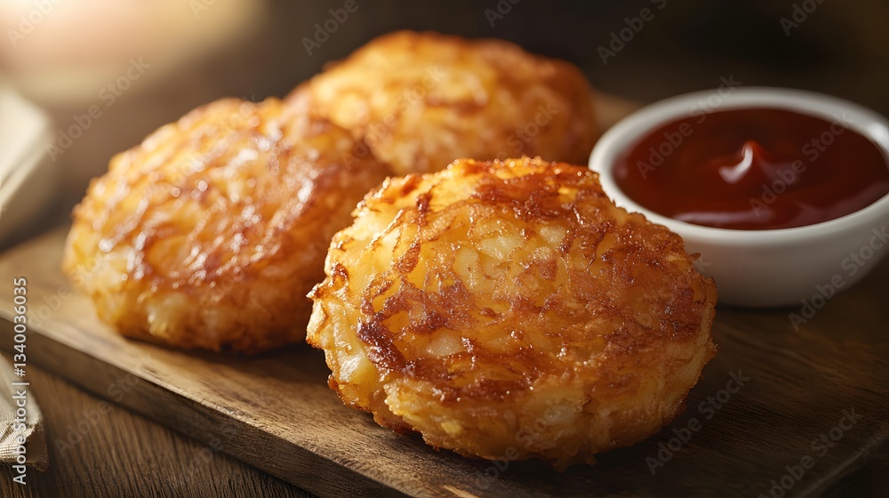 A close-up of crispy hash browns served with barbecue sauce and garnish.
A close-up of crispy hash browns served with barbecue sauce and garnish.