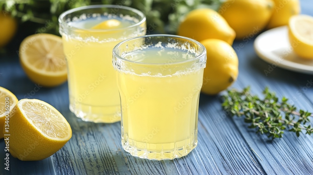Lemon Drinks in Glasses with Fresh Lemons and Herbs on Wooden Table Lemon Drinks in Glasses with Fresh Lemons and Herbs on Wooden Table