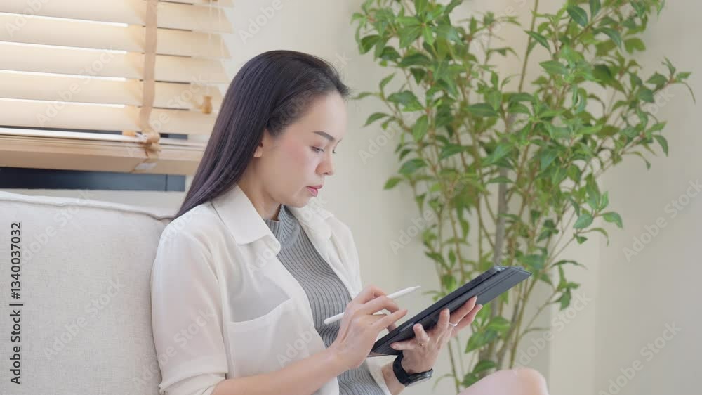 A woman is sitting on a couch and using a tablet. She is looking at the screen and she is focused on her work