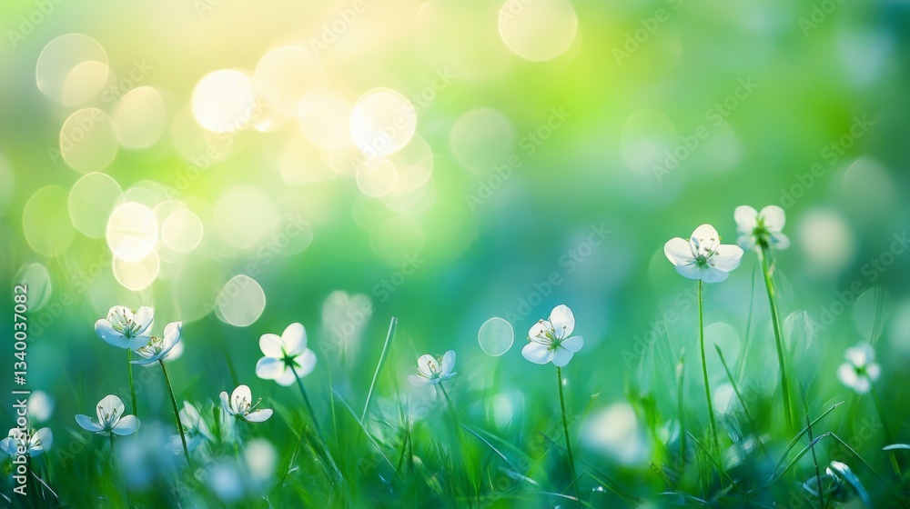 White wildflowers blooming in green grass with soft bokeh background nature scene White wildflowers blooming in green grass with soft bokeh background nature scene