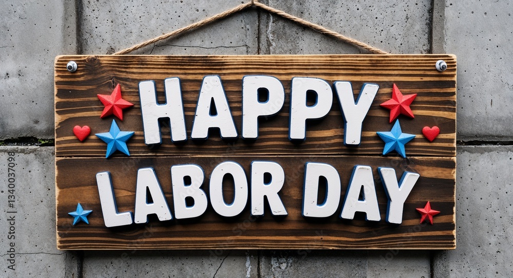 Obraz premium happy labor day lettering on wooden sign board hanging on concrete wall background