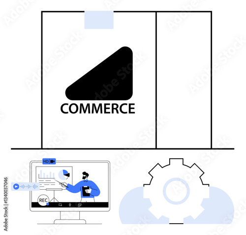 E-commerce logo on board, digital recording with analytics on computer, gear as optimization concept. Ideal for e-commerce, marketing, analytics, training, strategy technology automation. Flat