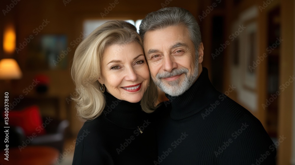 A man and a woman smiling warmly together in a cozy indoor setting with wooden elements and warm lighting A man and a woman smiling warmly together in a cozy indoor setting with wooden elements and warm lighting