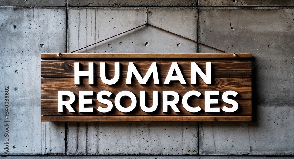 Obraz premium human resources lettering on wooden sign board hanging on concrete wall background