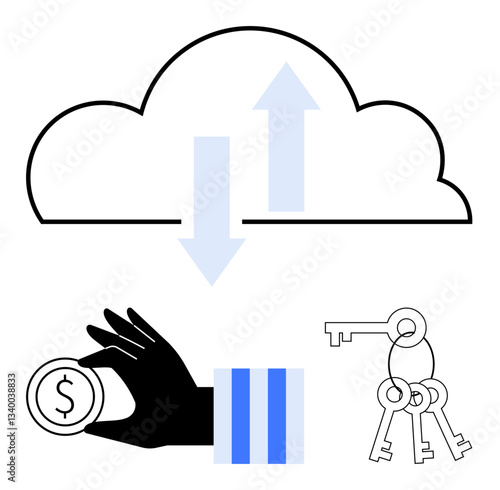 Cloud storage and data transfer emphasized with arrows, a hand holding currency, and keyrings. Ideal for security, finance, technology, access control, digital safety, online storage flat simple