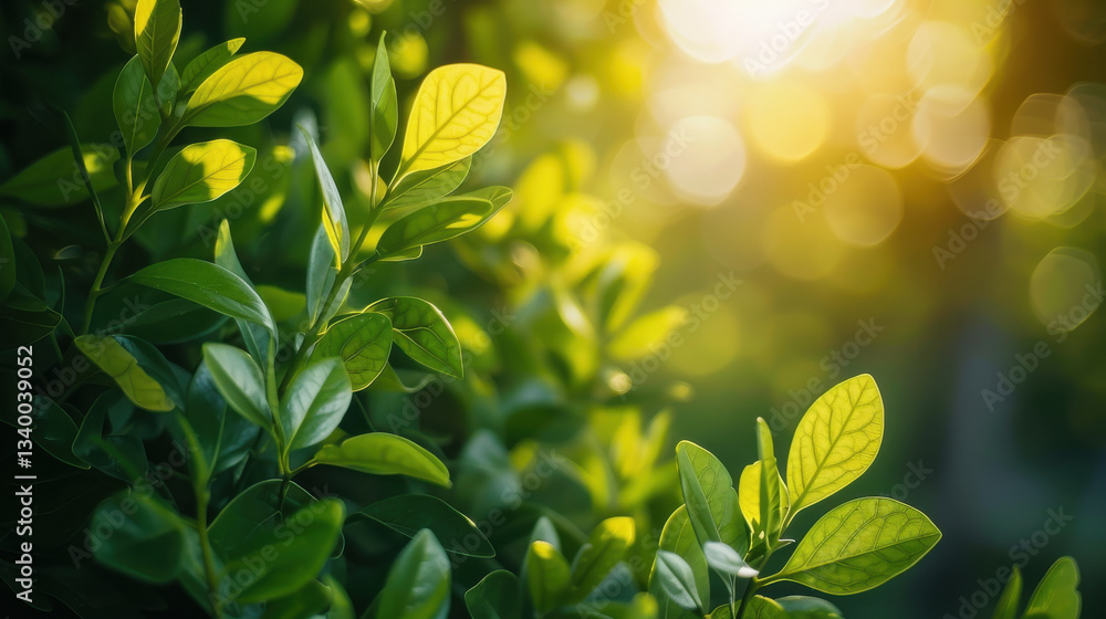 Obraz premium Lush green leaves basking in warm sunlight create serene atmosphere
