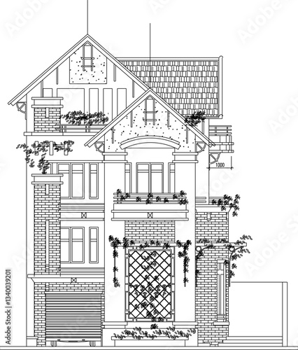 vector sketch illustration of architectural design of a modern minimalist multi-storey house with scale size