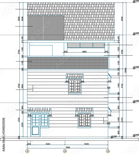 Vector sketch illustration of architectural design of a multi-storey house building with scale size 