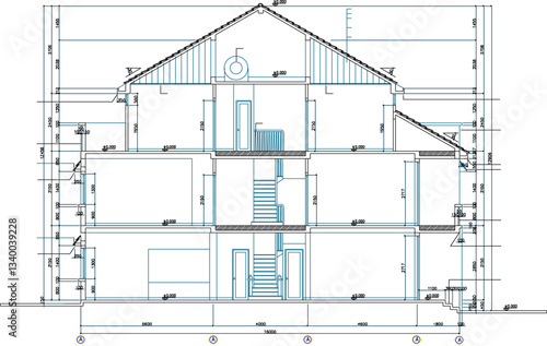 Vector sketch illustration of architectural design of a multi-storey house building with scale size