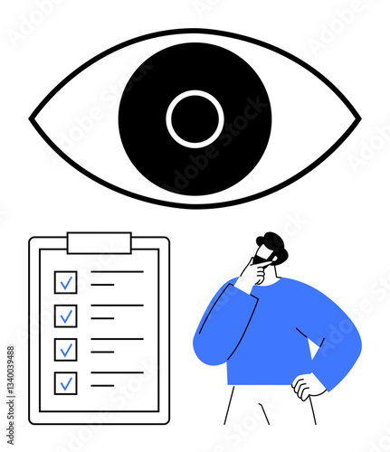 Oversized eye above thoughtful individual and checklist. Ideal for strategy, planning, goal setting, focus, problem solving, vision clarity, decision-making. Flat simple metaphor