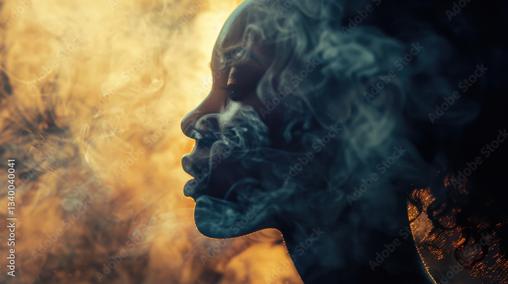 silhouette of woman surrounded by smoke, creating mysterious atmosphere silhouette of woman surrounded by smoke, creating mysterious atmosphere