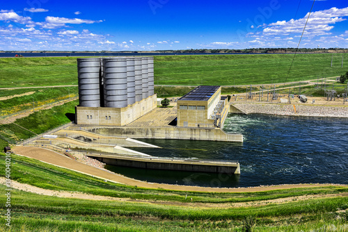 Garrison Dam and hydroelectric generating station uses water from Lake Sakakawea to create clean energy in North Dakota.