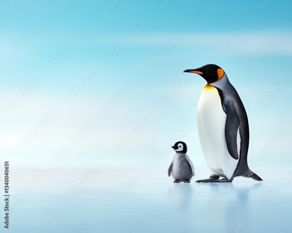 Fototapeta premium Majestic Emperor Penguin with Adorable Chick on Icy Background