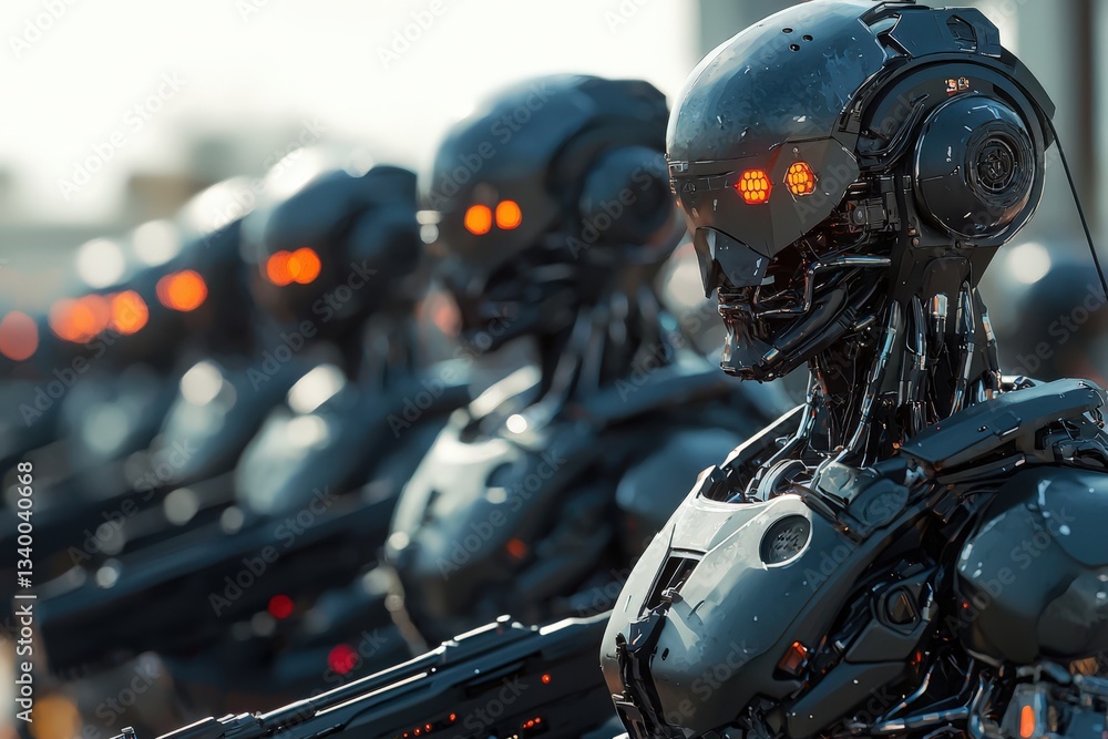 Fototapeta premium Futuristic AI-powered robotic soldiers designed for warfare, depicting a potential World War 3 scenario with advanced military technology and autonomous combat machines. .