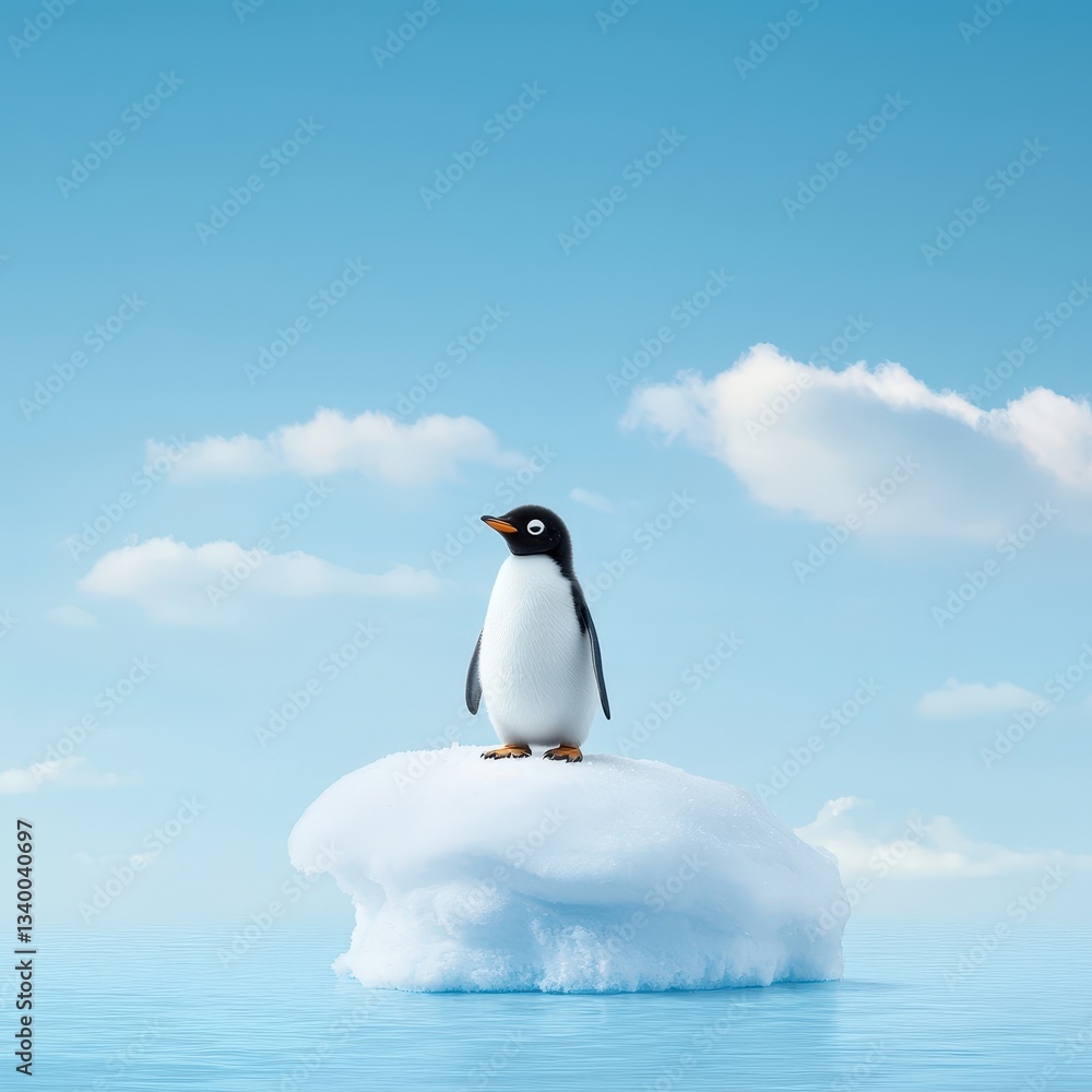 Naklejka premium Cute Penguin Standing on an Iceberg in a Calm Ocean Environment