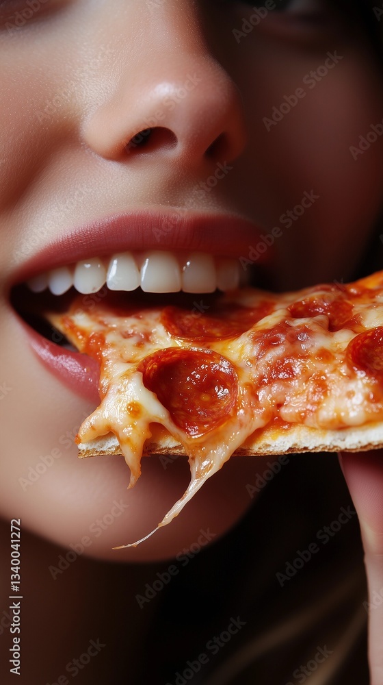 A detailed close-up shot captures the moment a person takes a bite of a pepperoni pizza. The image focuses on the mouth and teeth, with a portion of the pizza slice prominently featured. The pizza