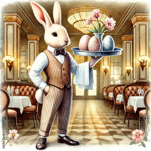 Wallpaper Mural A retro-style Easter Bunny waiter in a vest and bowtie holds a silver tray with ornate Easter eggs. Standing in a cozy vintage café, it exudes charm with warm lighting and classic elegance. Torontodigital.ca