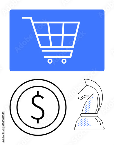 Shopping cart icon for e-commerce, dollar coin for financial value, chess knight for strategic thinking. Ideal for business, e-commerce, investment, decision-making, economic planning, financial