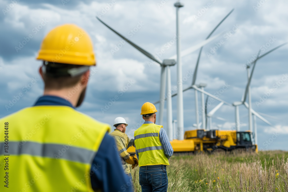 Three workers in safety gear walk towards wind turbines under a cloudy sky, with construction equipment visible in the background. Three workers in safety gear walk towards wind turbines under a cloudy sky, with construction equipment visible in the background.