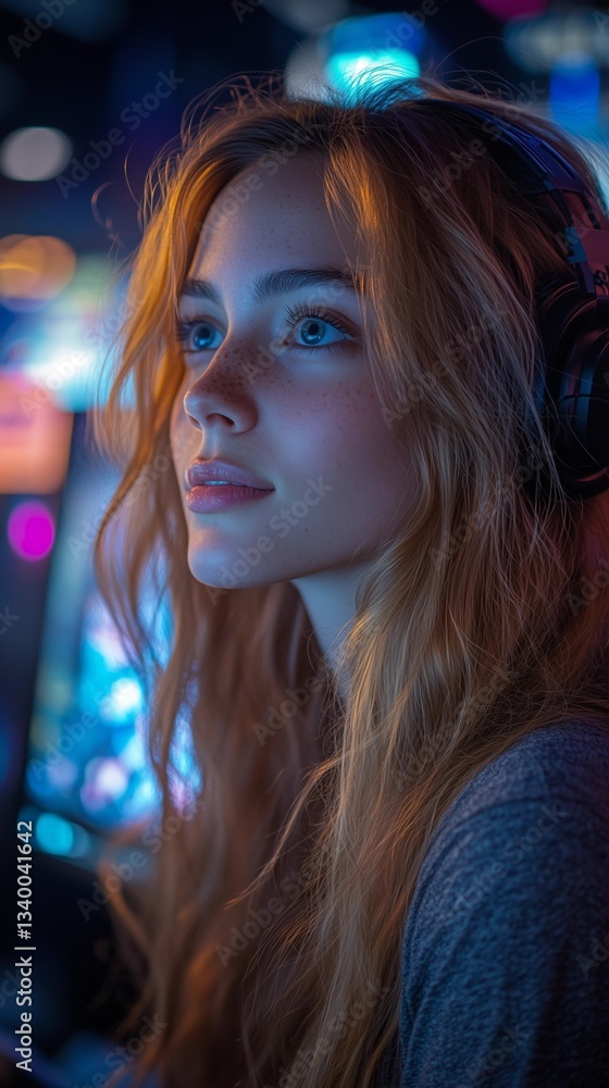 Fototapeta premium Close-up profile view of a young woman's face illuminated by vibrant neon lights. The image features a shallow depth of field, emphasizing the soft focus on the woman's skin and hair. The background