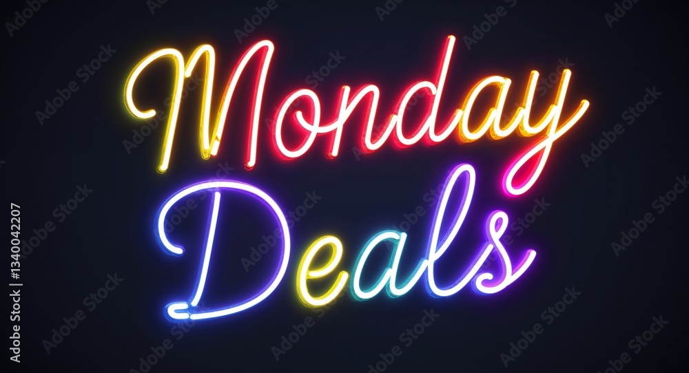 Fototapeta premium Monday deals glowing colorful neon cursive calligraphy lettering on plain black dark background