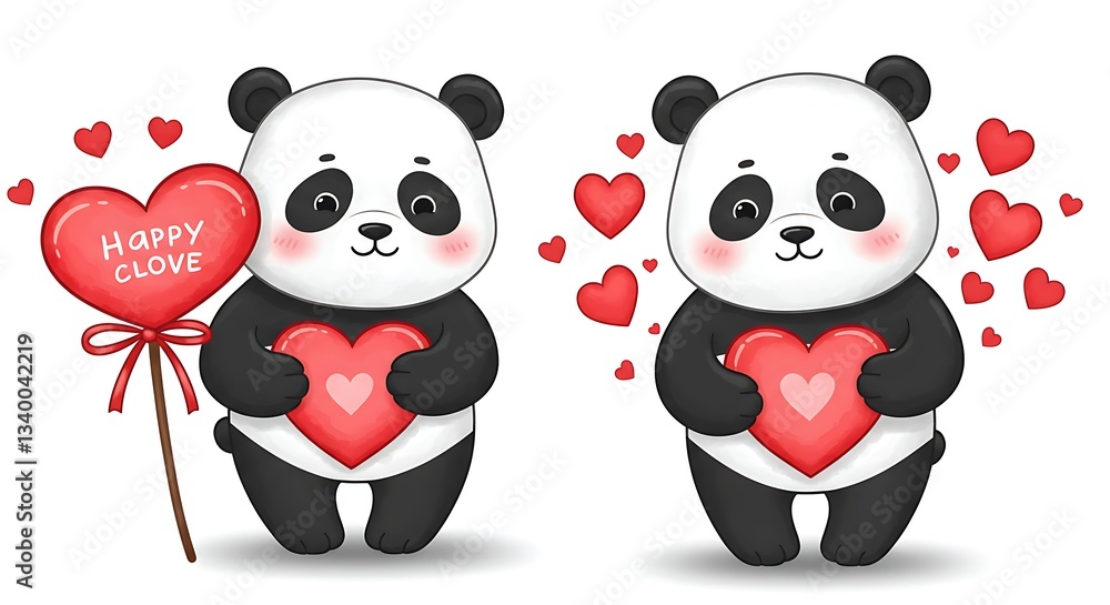 Naklejka premium Cute Cartoon Panda Bears Holding Red Hearts for Love and Valentine's