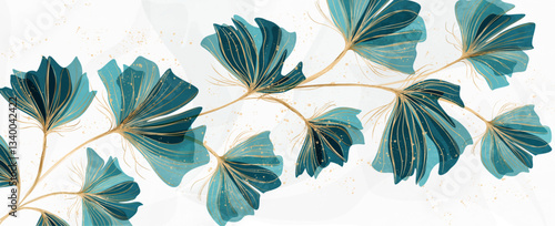 Floral art background in blue colors in watercolor style with gold elements line art. Botanical spring or summer banner for decor, print, wallpaper, textile, cover, interior.