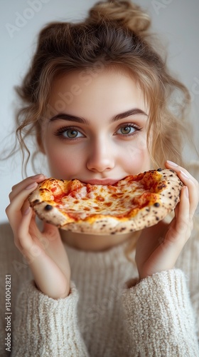 Close-up shot of a young woman with light brown hair and light eyes biting into a slice of pizza.  The focus is sharply on her face and the pizza, which is partially consumed and displays melted