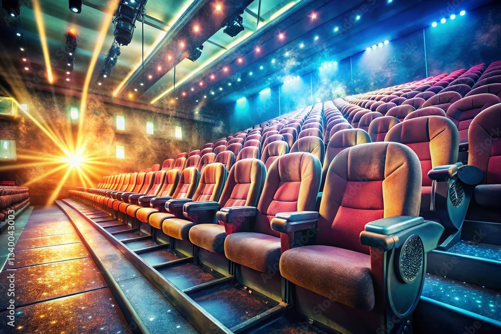 Fototapeta premium Double Exposure: Cinema Seats & Film Reel, Movie Theater Interior Stock Photo