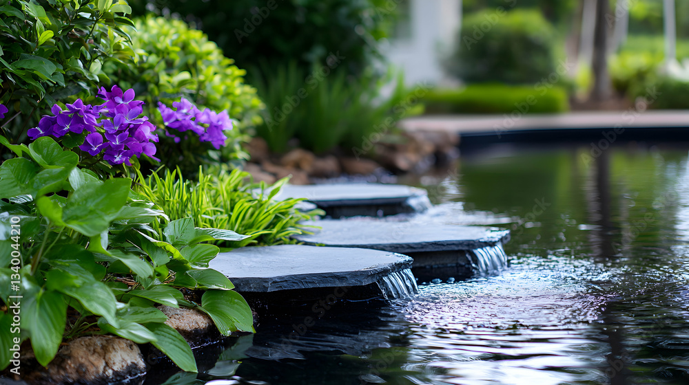 Serene Waterfall Cascading into Tranquil Pond with Purple Flowers Serene Waterfall Cascading into Tranquil Pond with Purple Flowers