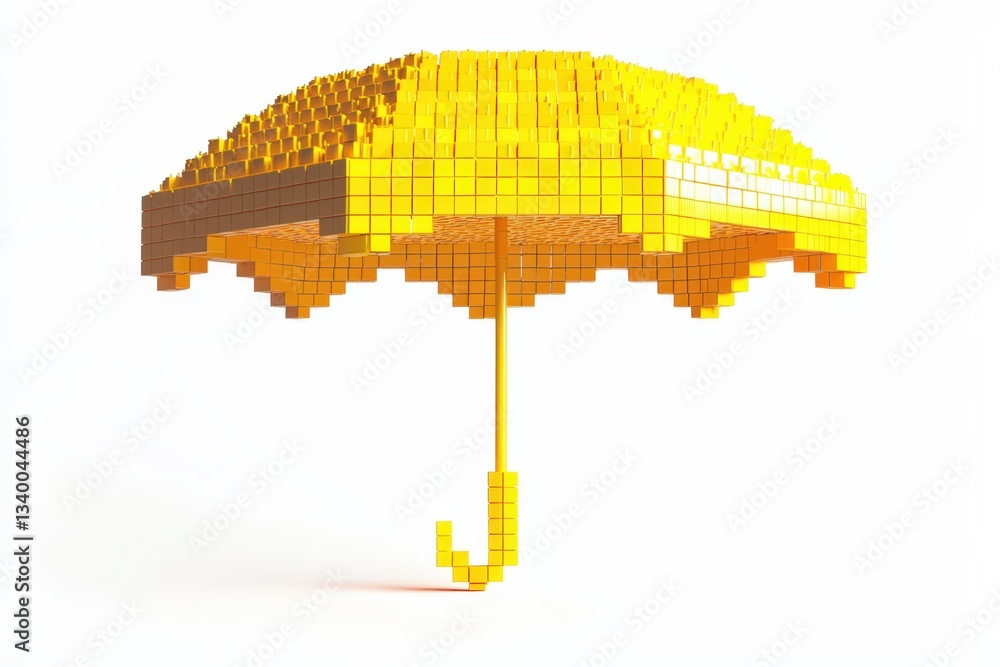 A quirky 8-bit pixel umbrella in vibrant yellow, featuring blocky canopy panels and a simple handle, isolated on a white background for a bold retro digital design. .