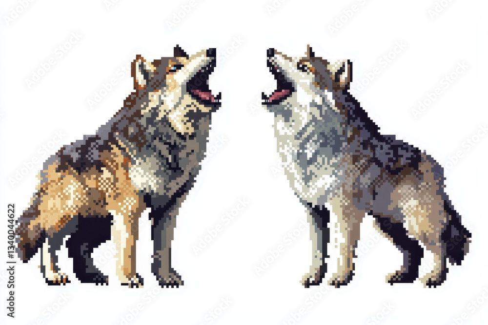 A retro-style 8-bit pixel wolf depicted in two angles—front-facing howling and side profile running through the wild—isolated on a white background for a nostalgic gaming aesthetic. .