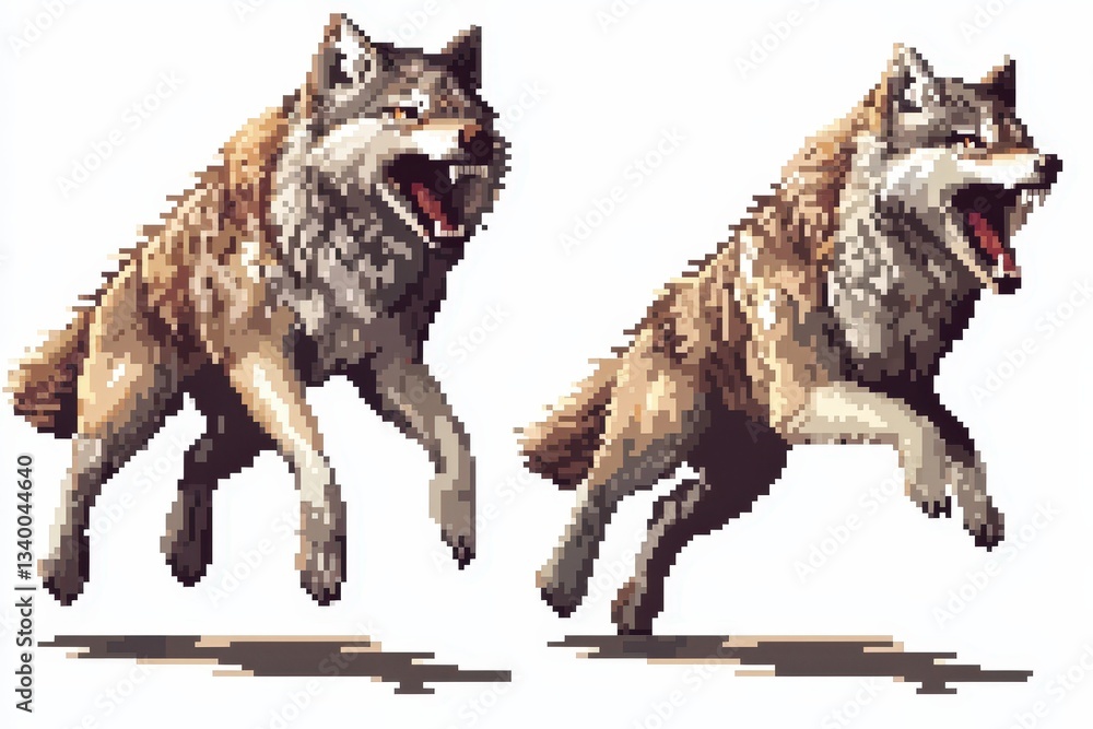 A retro-style 8-bit pixel wolf depicted in two angles—front-facing howling and side profile running through the wild—isolated on a white background for a nostalgic gaming aesthetic. .