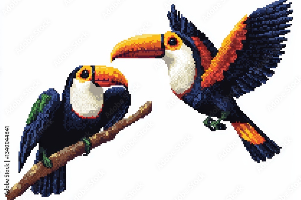 A retro-style pixelated 8-bit toucan depicted in two angles—front-facing while perched on a branch and side profile mid-flight—isolated on a white background for a nostalgic gaming aesthetic. .