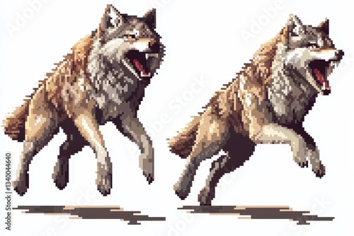 Obraz na płótnie A retro-style 8-bit pixel wolf depicted in two angles—front-facing howling and side profile running through the wild—isolated on a white background for a nostalgic gaming aesthetic. . w salonie