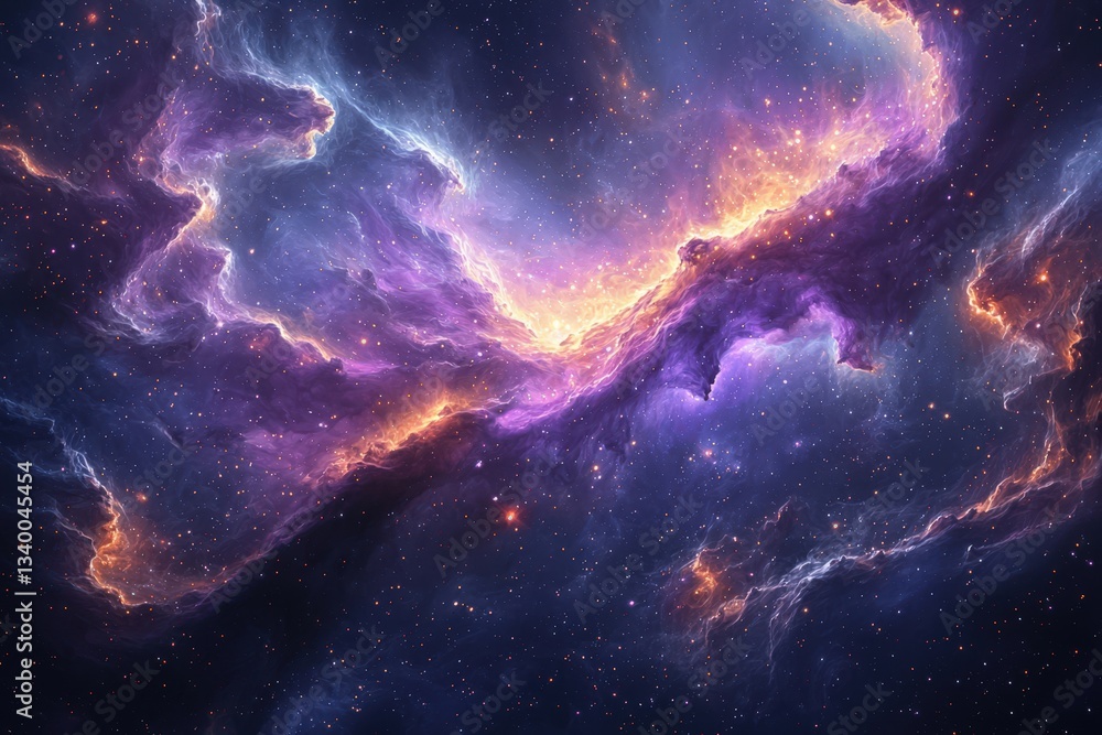 Swirling nebulas and galaxies collide in deep space, generating brilliant purple and blue energy waves, scattered stardust, and glowing celestial bodies. .