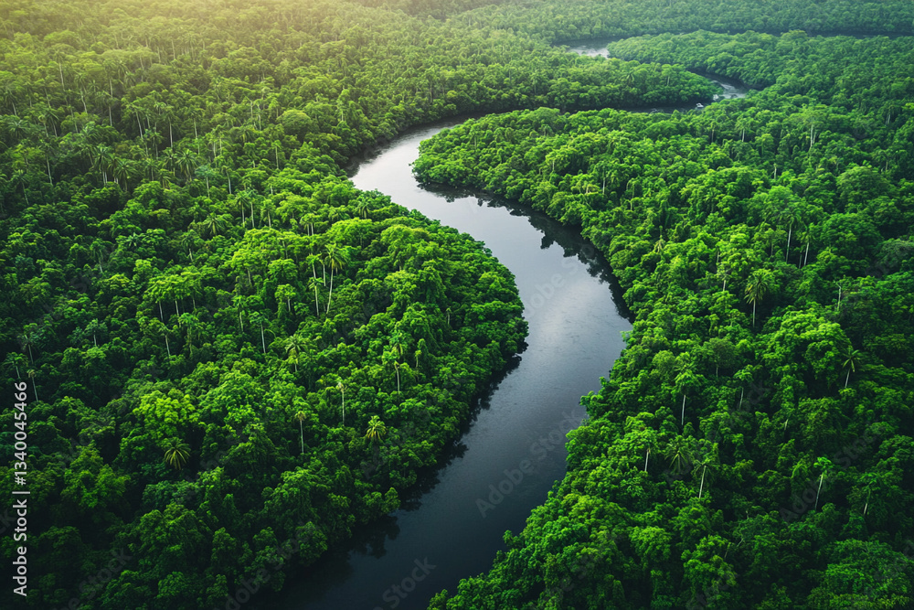 Lush Emerald Rainforest Embracing A Serene River, A Breathtaking Aerial View Showcasing Natures Vibrant Beauty Lush Emerald Rainforest Embracing A Serene River, A Breathtaking Aerial View Showcasing Natures Vibrant Beauty