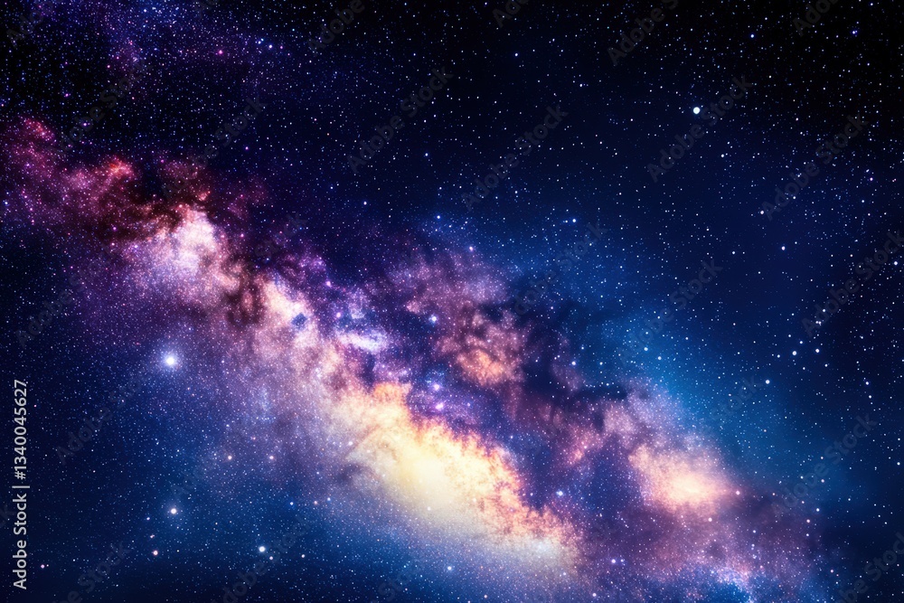 A stunning cosmic scene featuring a vibrant purple galaxy with twinkling stars and a colorful nebula, creating a breathtaking night sky perfect for space and astronomy themes. .