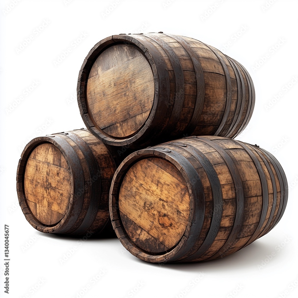Close-up shot of three aged wooden barrels stacked in a triangular formation against a pure white background. The barrels exhibit a rich, dark brown hue with visible wood grain, texture, and signs Close-up shot of three aged wooden barrels stacked in a triangular formation against a pure white background. The barrels exhibit a rich, dark brown hue with visible wood grain, texture, and signs
