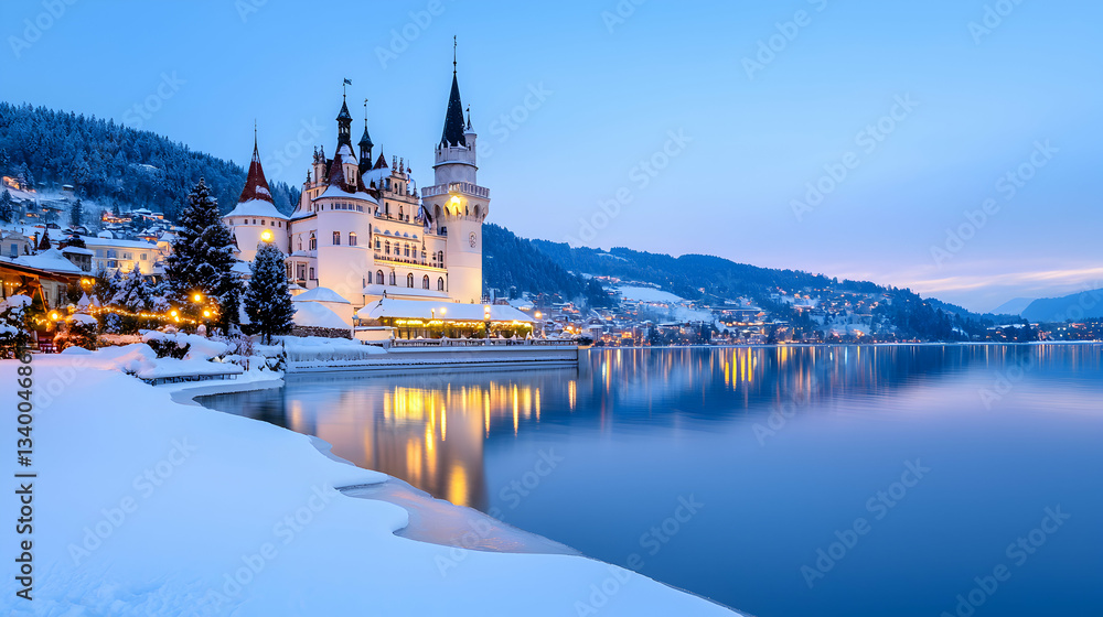 Fototapeta premium Snowy Castle by a Lake at Twilight