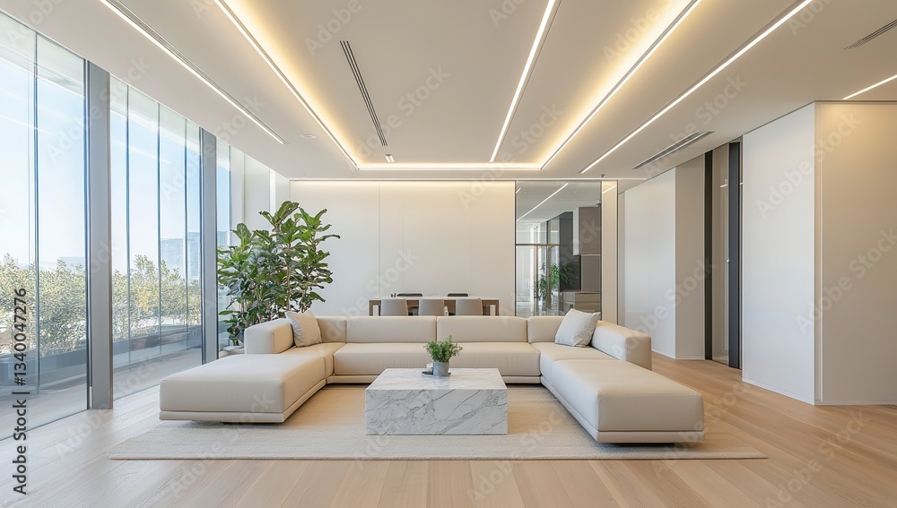 Fototapeta premium Modern Sectional Sofa Design in a Luxurious Apartment with Stunning City Views and Recessed Lighting