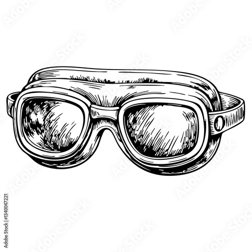 Vintage sketch of goggles with reflective lenses on white background  
