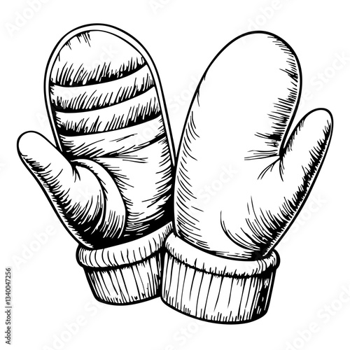 vintage mittens sketch in black and white illustration  