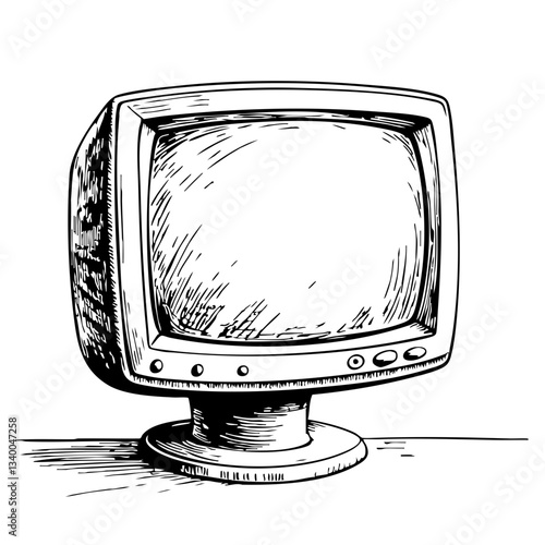 vintage sketch of an empty computer monitor on a desk  