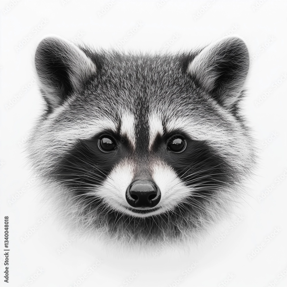 A close-up, monochrome portrait of a raccoon's face. The image is presented in grayscale, showcasing a high level of detail in the animal's fur texture, particularly around the eyes and muzzle. The A close-up, monochrome portrait of a raccoon's face. The image is presented in grayscale, showcasing a high level of detail in the animal's fur texture, particularly around the eyes and muzzle. The